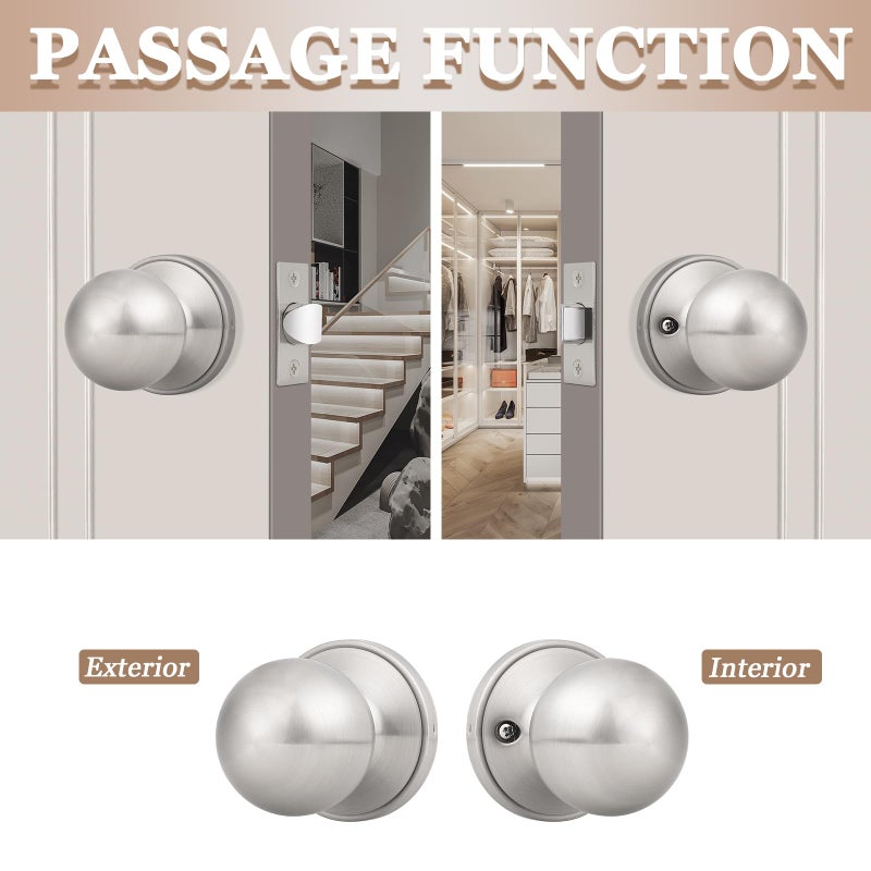 Probrico 8 Pack Interior Round Passage Keyless Door Knobs Door Lock Lockset Without Key Doorknobs Satin Nickel for Hall/Closet-Door Knob 607 - Image 4